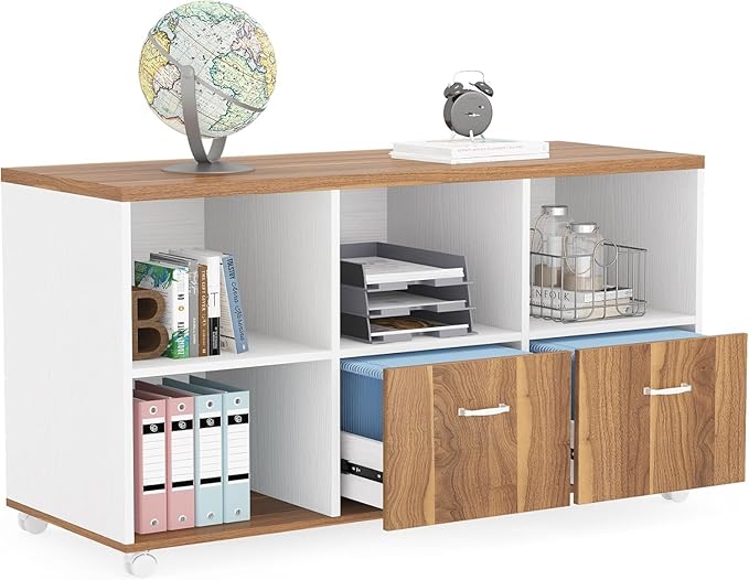 Tribesigns 2 Drawers Lateral File Cabinets, Home Office 47-inch Mobile Wood Filing Cabinet Printer Stand with Wheels and Open Storage Shelves,Drawers for Letter Size (White)