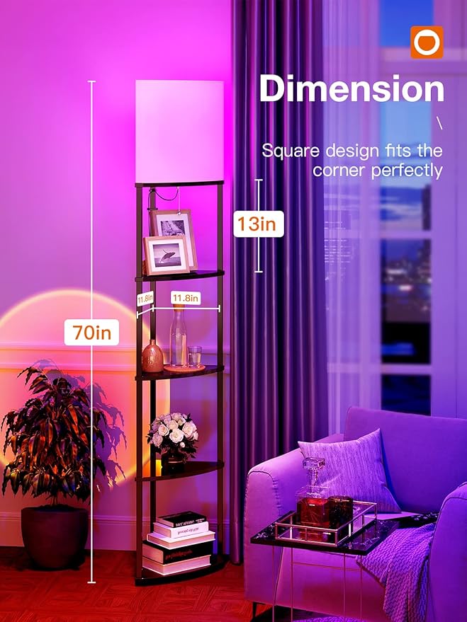 addlon 5-Tier Corner Shelf Floor Lamp with Type C, USB Port & 1 Power Outlet and 3CCT LED Bulb, Modern Display Lamp for Narrow Corner Bookshelf lamp for Living Room, Bedroom, Office - Black