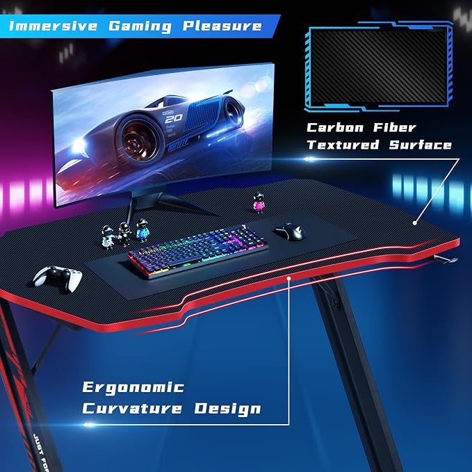 Gaming Desk 35 Inch Z-Shaped Gaming Computer Desk Modern Ergonomic PC Computer Table Home Office Desk Racing Style Gaming Workstation with Headphone Hook, Red