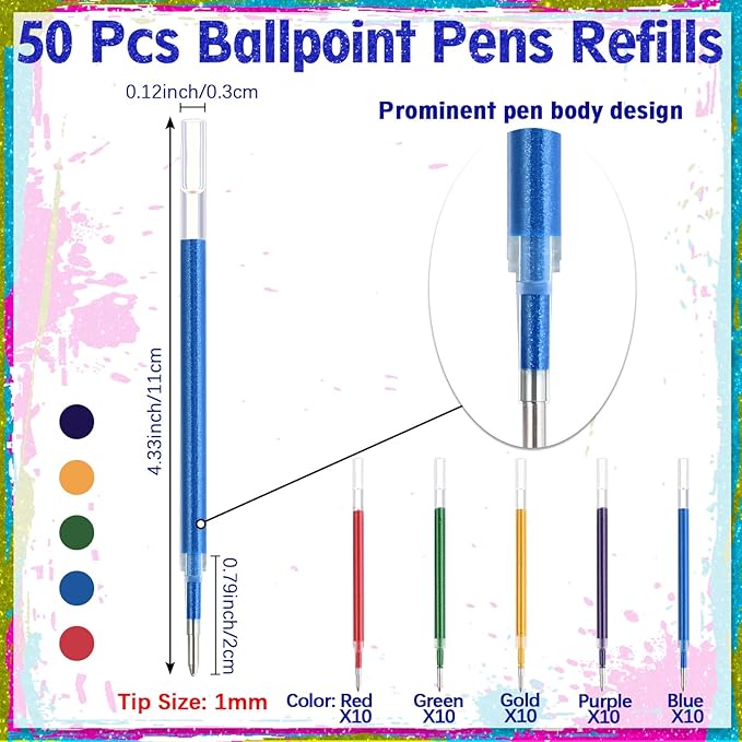50 Pcs 1mm Retractable Ballpoint Pen Refills Bulk 4.92 Inch Replacement Ballpoint Ink Pen Refills Smooth Writing for Click Ball Point Pens School Office Supplies (Colored,Glitter)