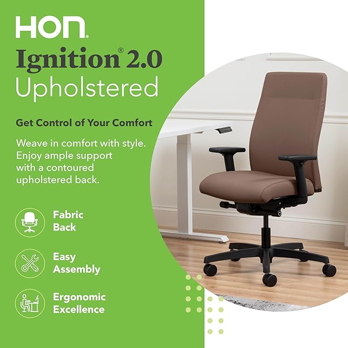 HON Ignition 2.0 Fabric Office Chair, Upholstered, Adjustable Arms, Advanced Synchro-Tilt Recline Executive Ergonomic Office Chair, Black Frame, Bark