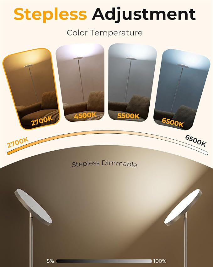 Floor Lamp for Bedroom,69" Tall Standing Lamp Remote & Foot Switch with 1H Timer, 2700-6500K Stepless Dimmable Modern Pole Light for Bedroom, Office, Reading, Sliver