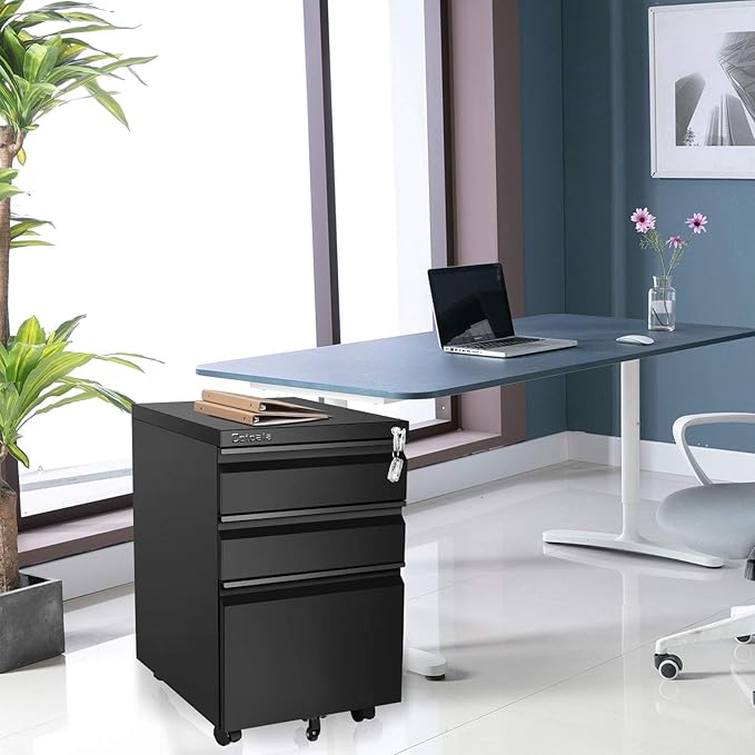 Rolling 3 Drawer File Cabinet with Lock, Black