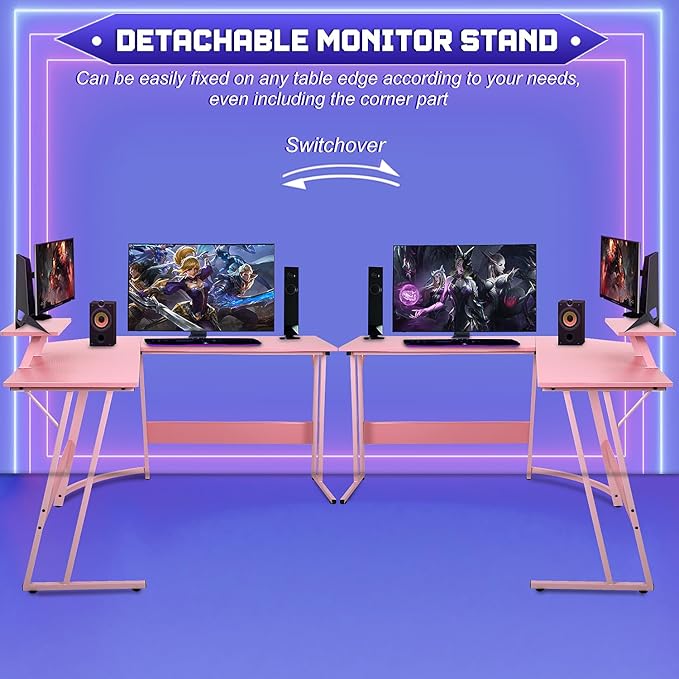 NChanmar L Shaped Gaming Desk with Monitor Riser Stand, Home Office Corner Desk for Studying, Working and Gaming, Large Desktop, Pink