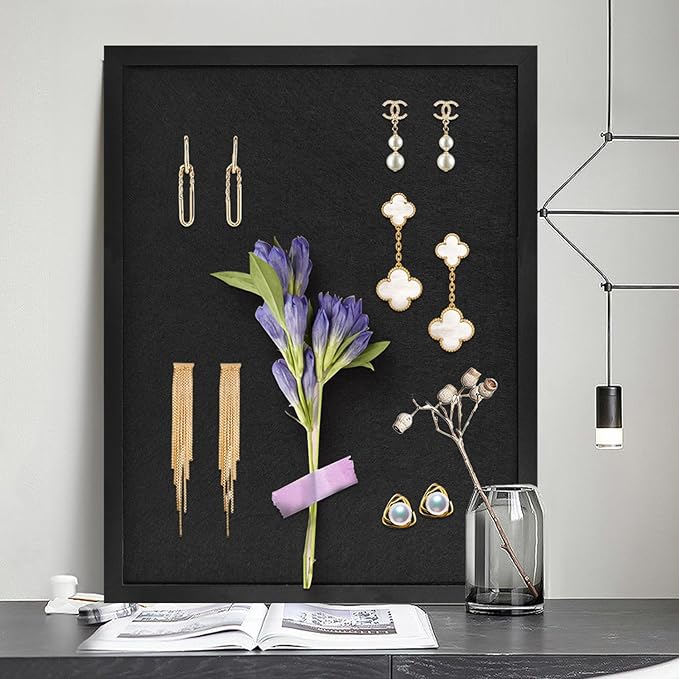 Black Bulletin Cork Board With Felt, 17"x13" Large Display Pin Vision Board for Walls, Jewelry, Notes, Collection, Photos, Office, Wood Framed, 2pc