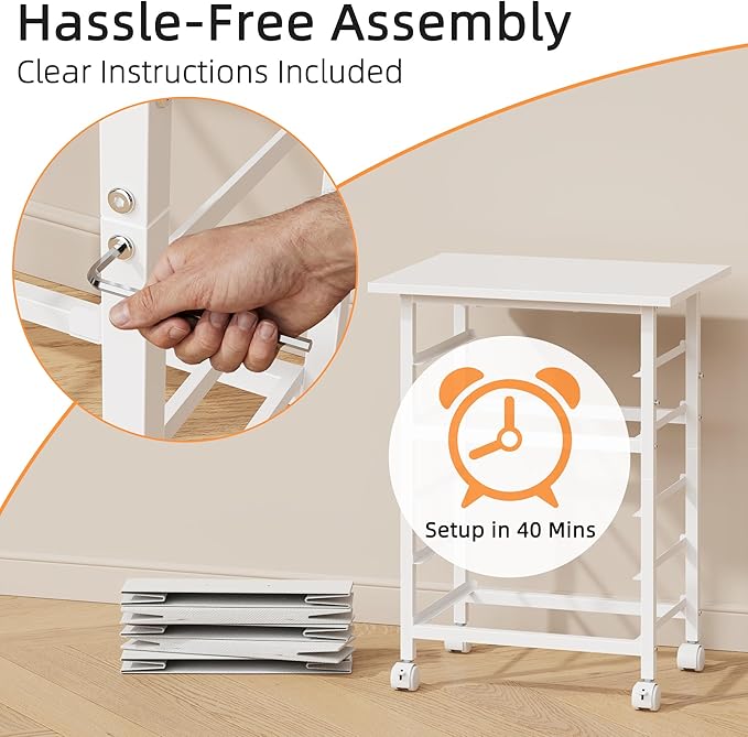 5 Fabric Drawers File Cabinet with Side Pocket, Rolling Printer Stand with Storage for Home Office, Wood Top Storage Cabinet for Documents and Crafts, White, 15" D