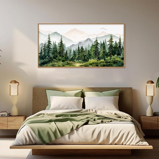 Green Forest Tree Mountain Range Framed Canvas Wall Art, Watercolor Nature Wall Decor, Woodland Nursery Wall Painting, Modern Wilderness Art Print for Living Room, Bedroom, Office 40"x20"