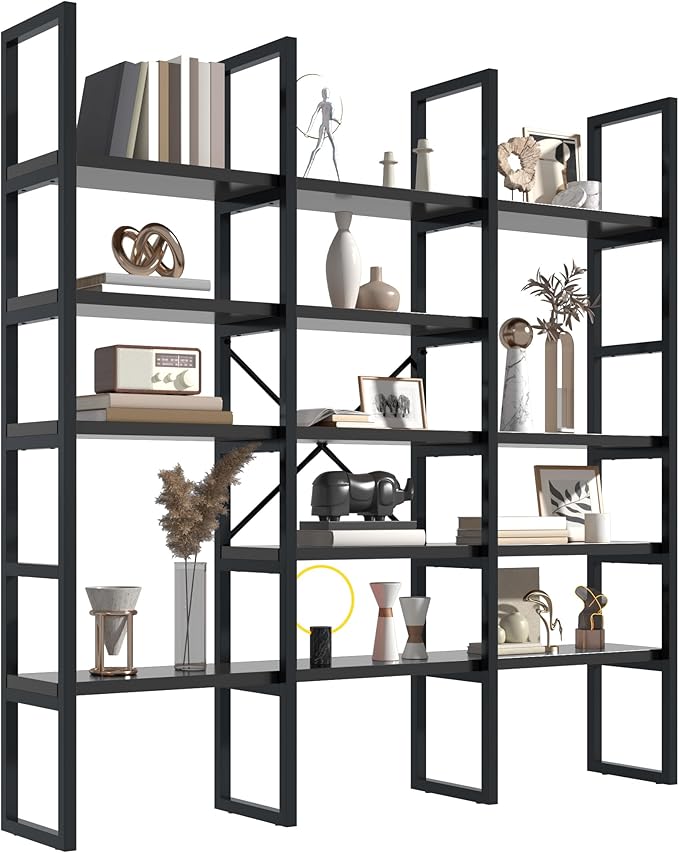 Jehiatek Large Bookshelf 5 Tiers, Triple Wide Geometric Bookcase, 71 Inches Tall Industrial Book Shelves Etagere Book Case, Sturdy Metal Frame, Freestanding Display Shelving Unit, Black