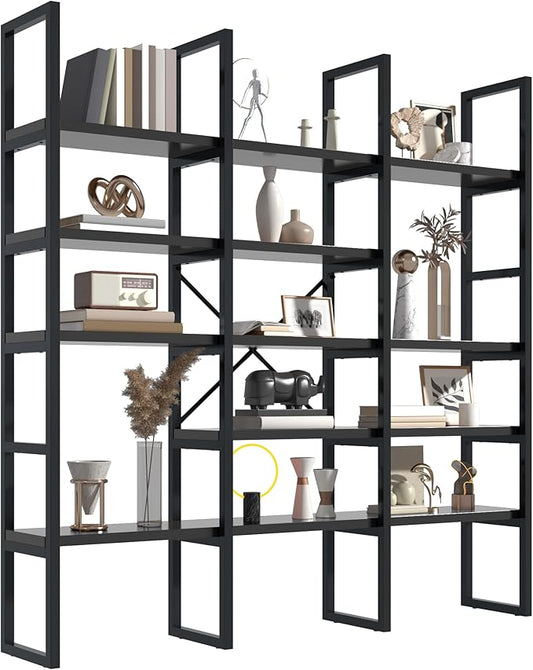Jehiatek Large Bookshelf 5 Tiers, Triple Wide Geometric Bookcase, 71 Inches Tall Industrial Book Shelves Etagere Book Case, Sturdy Metal Frame, Freestanding Display Shelving Unit, Black