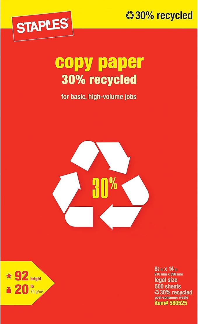 Staples 30% Recycled 8.5-Inch x 14-Inch Copy Paper 20 lb 92 Bright 500/Ream 10 Ream/Count
