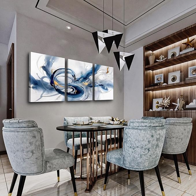 TTHYUEWS Abstract Minimalist Art - Large Canvas Wall Art for Living Room, Bedroom & Office - Blue Ink Paintings - 3 Pieces