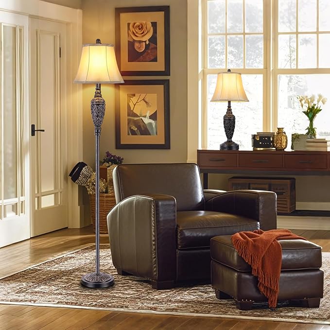65’’ Vintage Floor Lamp for Living Room, Traditional Standing Lamp with Carved Resin Base and Foot Switch, Classic Farmhouse Tall Pole Lamp, Bedroom, Office, Bronze Finish