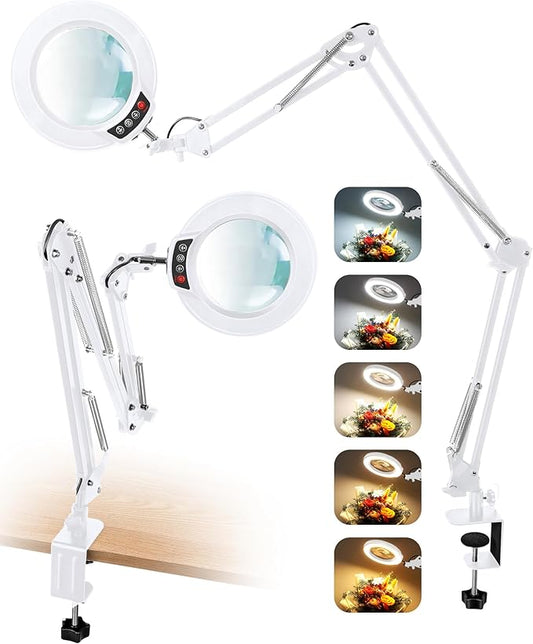 12X Magnifying Glass with Light and Clamp, Ultra Long 3 Section Swing Arm LED Desk Lamp, Real Glass Lens, 5 Color Modes Dimmable, Hands Free Lighted Magnifier with Stand for Repair Crafts - White