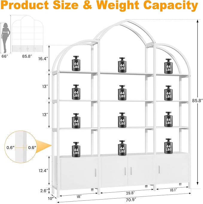 Semoic Arched Bookshelf and Bookcase with 3 Cabinets, Triple Wide 5 Tier Standing Book Shelf, Storage Display Rack Shelves, Industrial Open Bookshelf, Etagere Bookcase, White