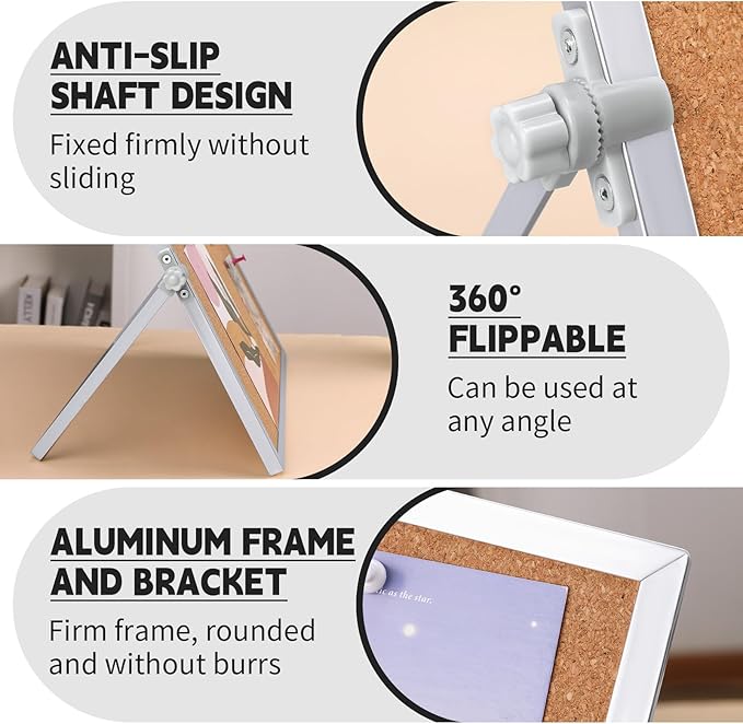 11.81"×11.81" Cork Board Bulletin Board, Double Sided Pin Board with Silver Aluminum Border, Desktop Small Cork Board with Stand Suitable for Home, Office, Desk Message Board or Picture Board