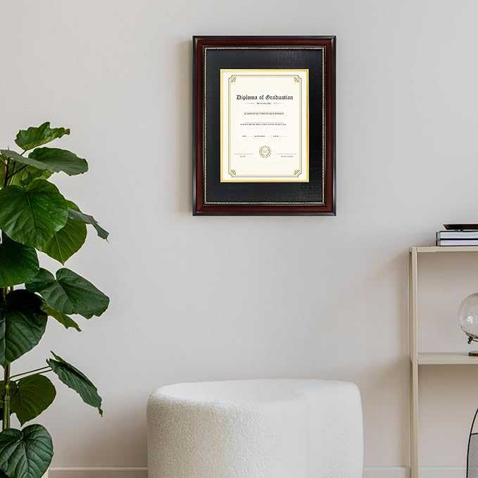 GraduationMall 8x10 Diploma Frame with Black over Gold Mat or Display 11x14 Document without Mat, Tempered Glass, Mahogany with Gold Beads