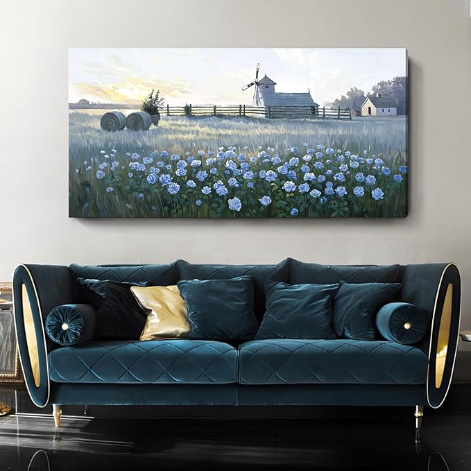 amatop Oversized Farmhouse Wall Art: Blue Rose & Windmill Botanical Landscape Canvas Print - Large Tranquil Floral Scene, Ideal for Living Room, Dining Room, or Hallway Decor | 58x29 Inches