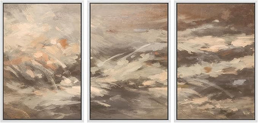 SIGNWIN Framed Canvas Print Wall Art Set Warm Earth Tone Brushstroke Abstract Illustrations Modern Art Decorative Boho Relax/Zen Nordic for Living Room, Bedroom, Office - 16"x24"x3 White
