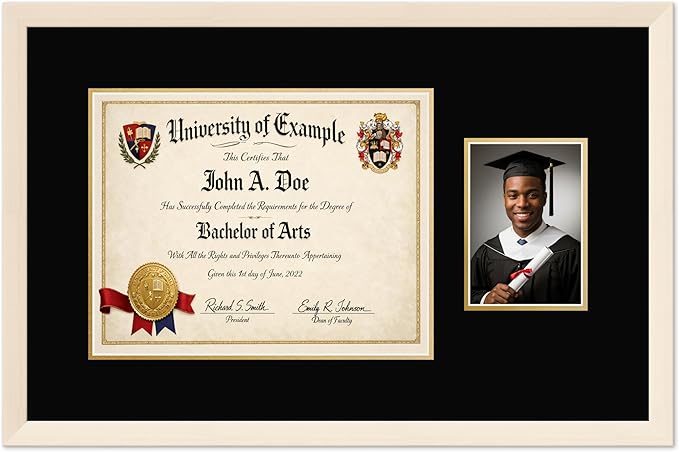 CountryArtHouse Fits 14 x 11 College Diploma (Modern) and 5 x 7 Photo Diploma and Photo Frame Coastal Whitewash Genuine Hardwood with Black Over Metallic Gold Double mat