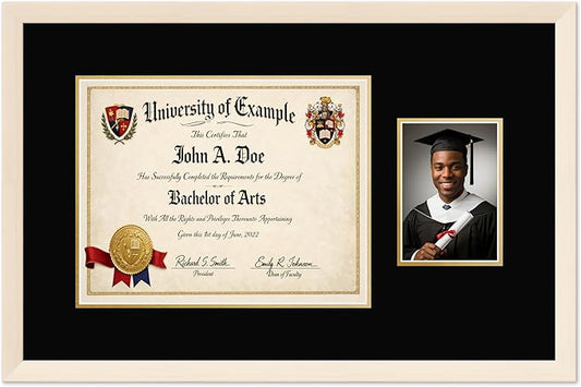 CountryArtHouse Fits 14 x 11 College Diploma (Modern) and 5 x 7 Photo Diploma and Photo Frame Coastal Whitewash Genuine Hardwood with Black Over Metallic Gold Double mat
