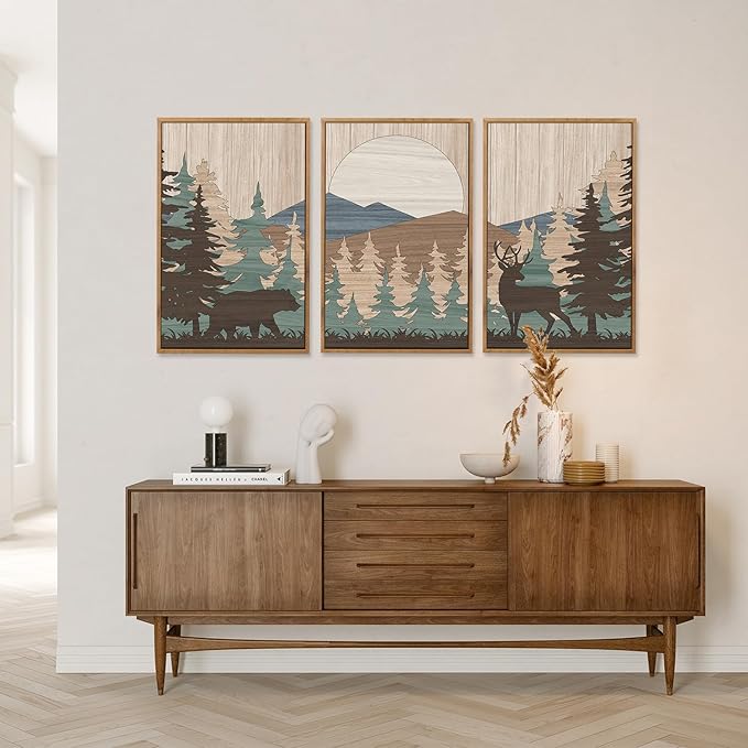 CHDITB Woodland Bear Moose Framed Wall Art(Set of 3, 24"x36"), Retro Wildlife Wild Animals Nature Forest Artwork Painting, Large Cabin Hunting Adventure Mountain Sun Posters Print for Nursery Boy Room