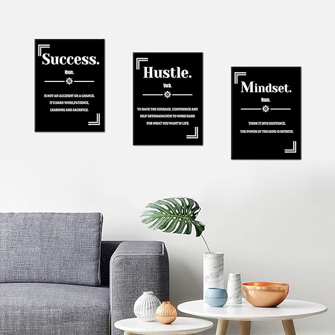 Inspirational Canvas Wall Art 3 Pieces Mindset Hustle Success Home Decor Motivational Quotes Artwork Positive Picture Painting for Bedroom Bathroom Gym Office Stretched and Framed [36''W x 16''H]