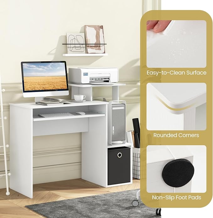 Tangkula Computer Desk with Fabric Drawer & Keyboard Tray, Space-Saving Study Writing Desk with Open Storage Shelves & Printer Stand, Modern Home Office Computer Workstation for Small Spaces (White)