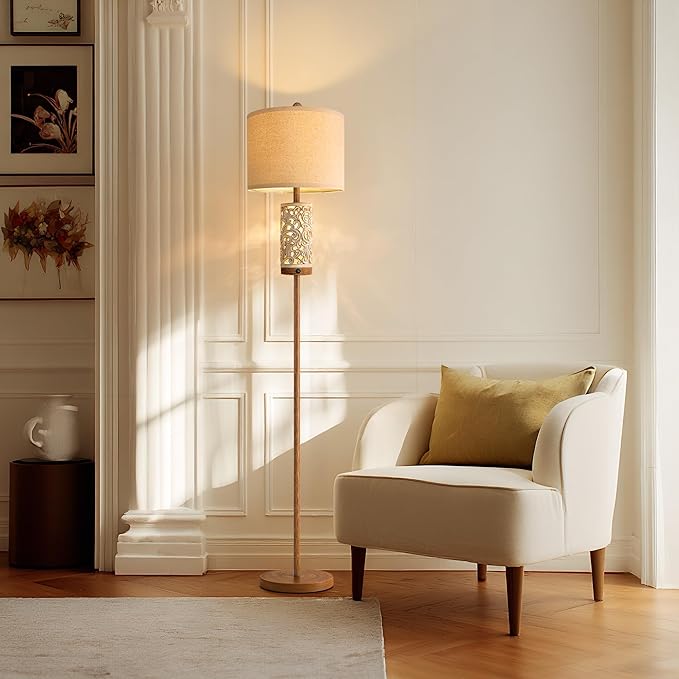 OYEARS 65" Floor Lamp with Night Light,Farmhouse Floor Lampfor Bedroom,Tall Floor Lamp for Living Room,Vintage Standing Lamp with Linen Shade,Boho Reading Lamp for Home Decor (Brown,Bulbs Included)