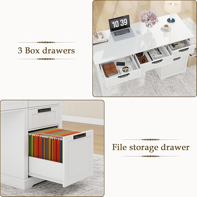 Vabches 55" Farmhouse Home Office Desk with File Drawer, Executive Computer Desk with 4 Storage Drawers, Rustic Computer Desk for Working, Studying, Writing, White