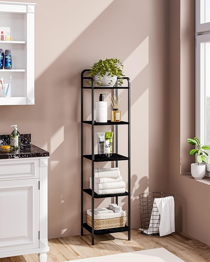 Bookcase Bookshelf, Narrow Book Shelf, Industrial Corner Shelf Storage Organizer, Slim Shelving Unit for Home Office, Living Room, Bedroom, Kitchen, 5-Tier Black BC24504B