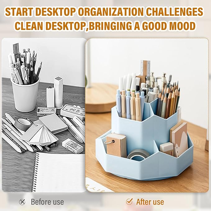 360 Degree Rotation Pen Holder,9 Slots Pencil Holder for Desk,Desk Organizer,Desk Accessories & Workspace Organizers,Apply Office, School, Home（Blue