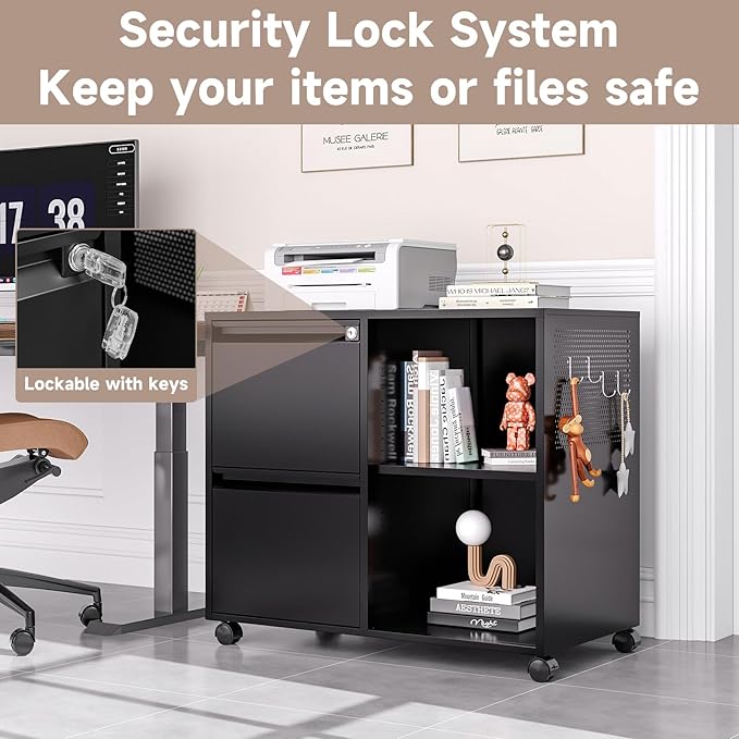 2 Drawer File Cabinet for Home Office, Rolling File Cabinets with Lock, Under Desk Metal Filing Caninet with Wheels for A4 / F4 / Letter/File Box, Black-Assembly Required