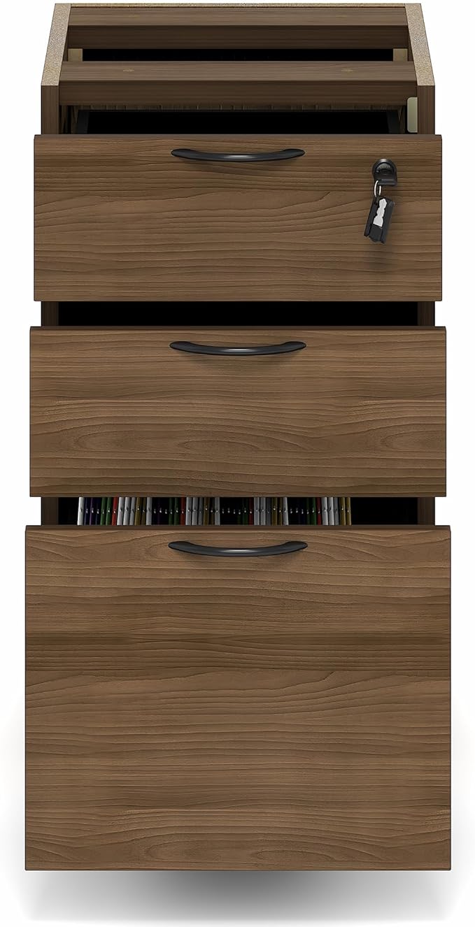 Furinno Roger File Cabinet, 3-Drawer Fixed Pedestal Filing Cabinet with Lock, Soft-Close Drawers with Drawer Organizer, for Home Office, Modern Walnut