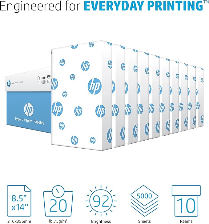 hp Printer Paper | 8.5 x 14 Paper | Office 20 lb | 10 Ream Case - 5000 Sheets | 92 Bright | Made in USA - FSC Certified | 001422C