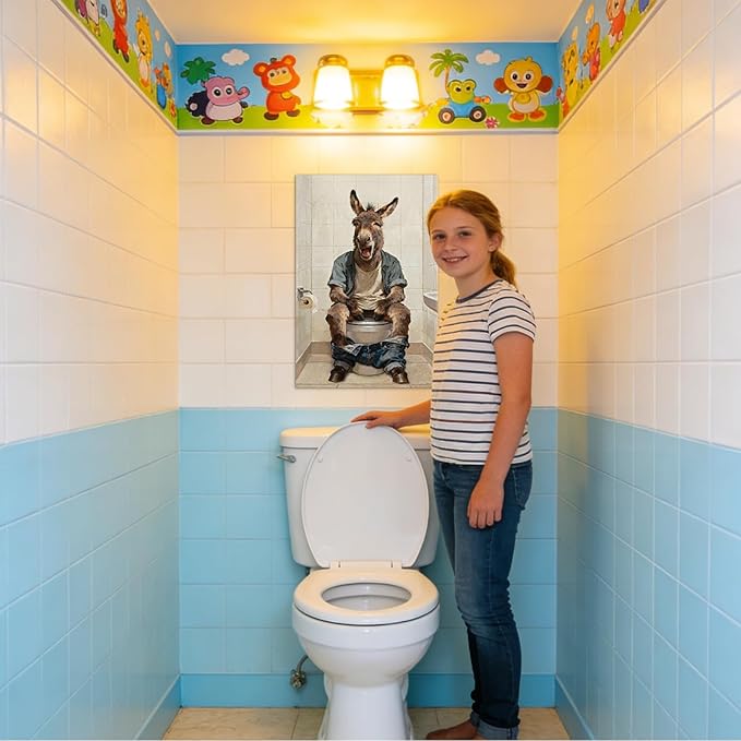 Funny Donkey Bathroom Wall Art Humorous Bathroom Pictures Wall Decor with Wooden Frame, Lightweight Donkey Sitting on Toilet Pictures Poster Animals Painting for Home Toilet Decor, 28x40 Inches