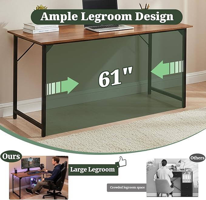 Computer Desk 63 Inch, Simple Large Home Office Desk Study Writing Table, Sturdy Metal Frame, Scratch-Resistant MDF Desktop for Bedroom Dorm Workspace, Brown