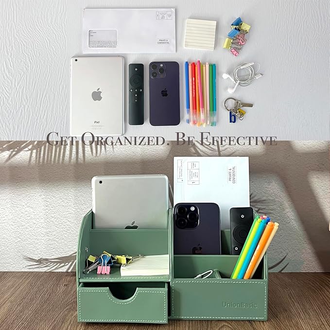 UnionBasic Desk Organizer - Multifunctional Leather Desktop Pen Holder Storage Box - Business Card/Pen/Pencil/Mobile Phone/Stationery Holder, Malachite Green