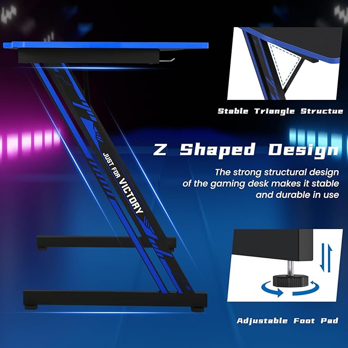 Gaming Desk 35 Inch Z-Shaped Computer Desk Modern Ergonomic PC Computer Table Home Office Desk Racing Style Gaming Workstation with Headphone Hook, Blue