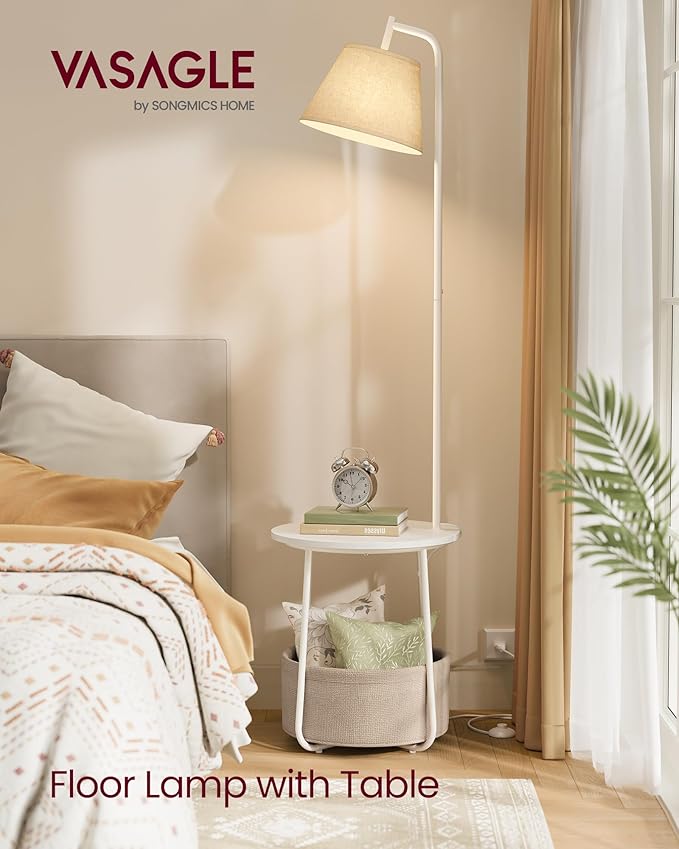 VASAGLE End Table with Lamp, 3-in-1 Floor Lamp with Table and Fabric Basket for Living Room, Tunable LED Bulb Included, Angle-Adjustable Lampshade, Matte White ULFL004WC01S