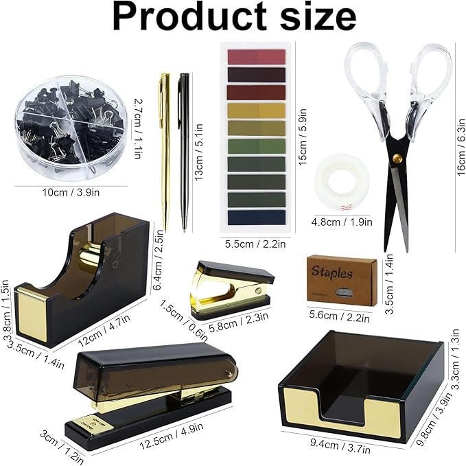 MultiBey Black Gold Acrylic Sticky Notes Holder Stapler and Tape Dispenser Cutter with Sticky Notes, 950 Staples & Tape, Staple Remover, Scissor, Ballpoint Pen, Paper Clips Set for Women Office Home