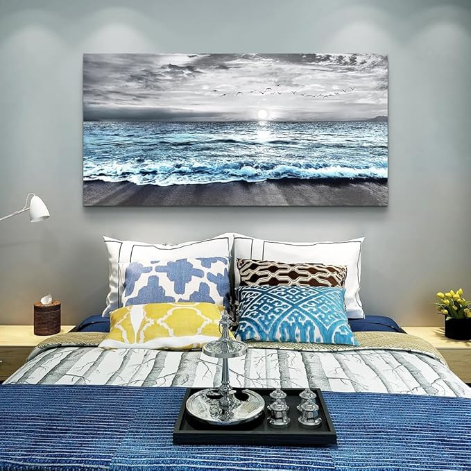 Wapluam Large Wall Decor For Living Room Canvas Wall Art For Bedroom Office Wall Decorations Black And White Painting Blue Sea Wave Pictures Artwork For Modern Stretched and Framed Beach Posters