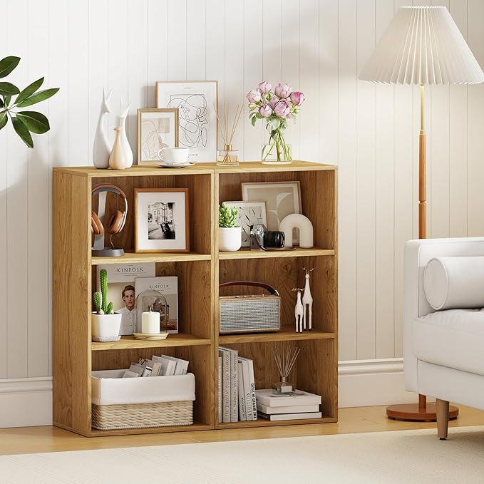 Giantex 3 Tier Bookcases Set of 2, Modern Book Shelves Cube Storage Organizer, Open Storage Cabinet Multi-Functional Home Office Bedroom Furniture Display Bookcases, Natural