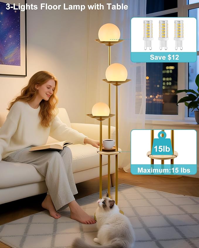 63IN Globe Floor Lamp with Shelf 3-Lights Modern Dimmable Floor Lamps with 3000K Soft Warm White Bulbs for Wedding/Party, Gold Tall Standing Lamp for Living Room/Bedroom