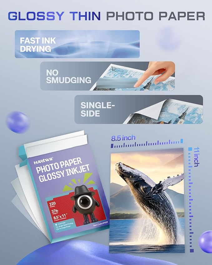 220 Sheets Thin Glossy Photo Paper 8.5x11 Inches 37lbs 135Gsm for Inkjet Printers with Dye Ink Ideal for Brochure Paper, Flyers Paper Custom Chip Bag Party Favors