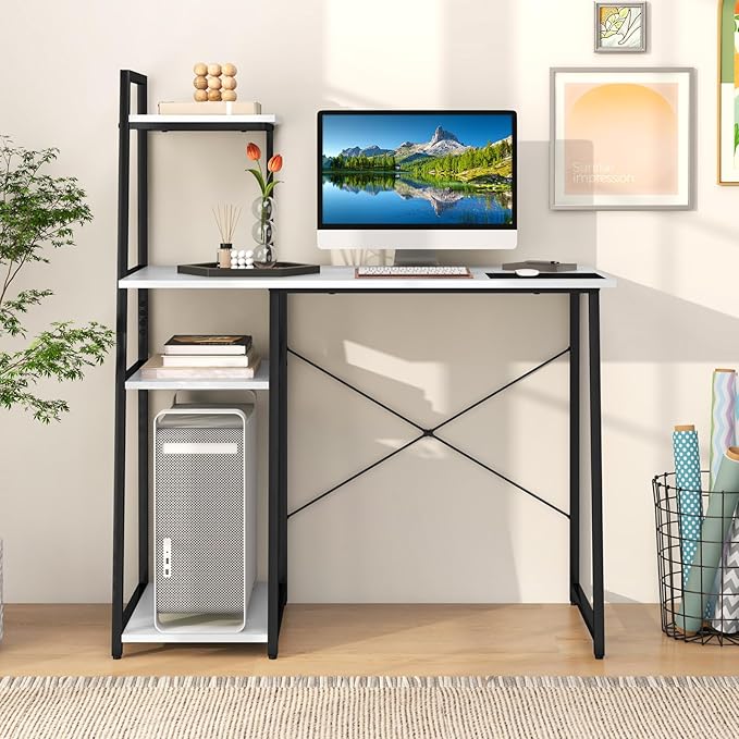 Giantex Computer Desk with Shelves, 47.5” Home Office Desk with Bookshelf, Host Stand, Metal Frame, PC Laptop Workstation, Modern Study Writing Desk for Bedroom, Small Space (White & Black)