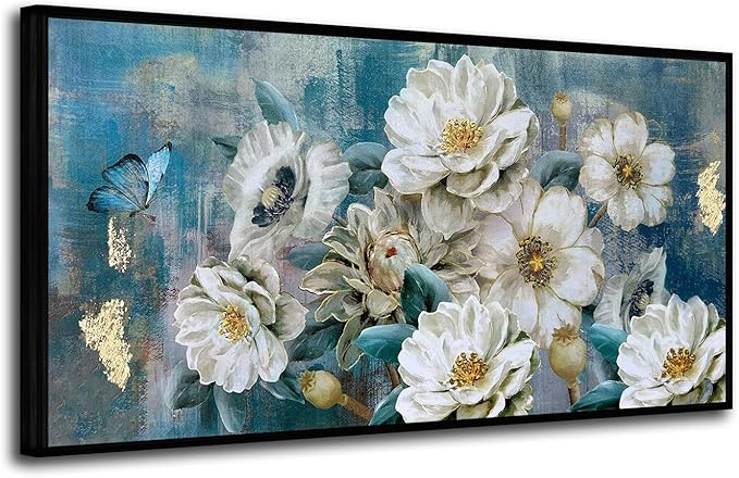 Arjun Large Black Framed Flower Canvas Wall Art for Living Room White Elegant Modern Painting for Bedroom Textured Gold Foil Turquoise Picture Floral Teal Artwork Home Office Decor, 48"x24"