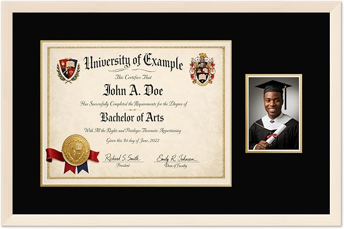 CountryArtHouse Fits 17 x 13 International Diploma and 5 x 7 Photo Diploma and Photo Frame Coastal Whitewash Genuine Hardwood with Black Over Metallic Gold Double mat