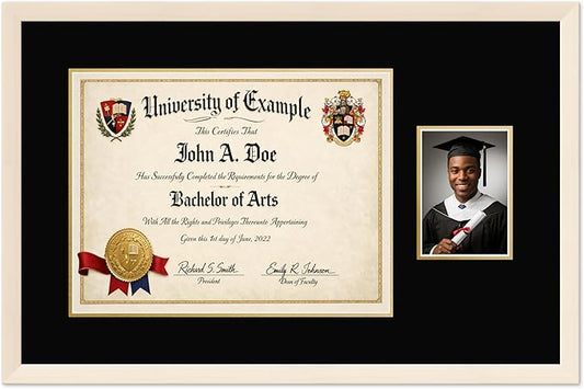 CountryArtHouse Fits 17 x 13 International Diploma and 5 x 7 Photo Diploma and Photo Frame Coastal Whitewash Genuine Hardwood with Black Over Metallic Gold Double mat