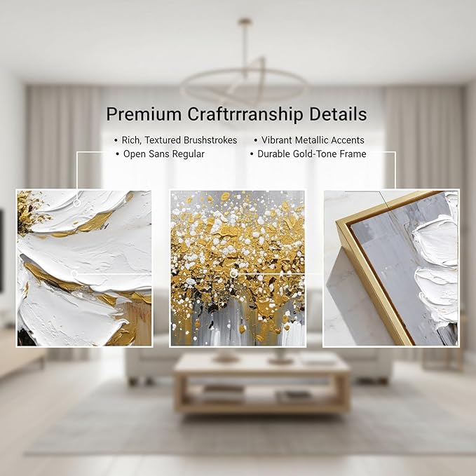 Hand-Painted Floral Canvas Oil Painting for Living Room,Framed 3D Gold and White Abstract Wall Art for Bedroom, Large 3 Pieces Flowerl Wall Painting for Office Kitchen Bathroom Home Decor 24x64 inches