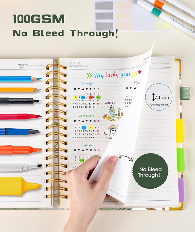 Hardcover Spiral Notebook Journal with Removable Dividers Tabs, 300 Pages 5 Subject Notebook College Ruled, 100GMS Notebooks for Work School Note Taking,Lined Journal for Women,Colorful Botanicals